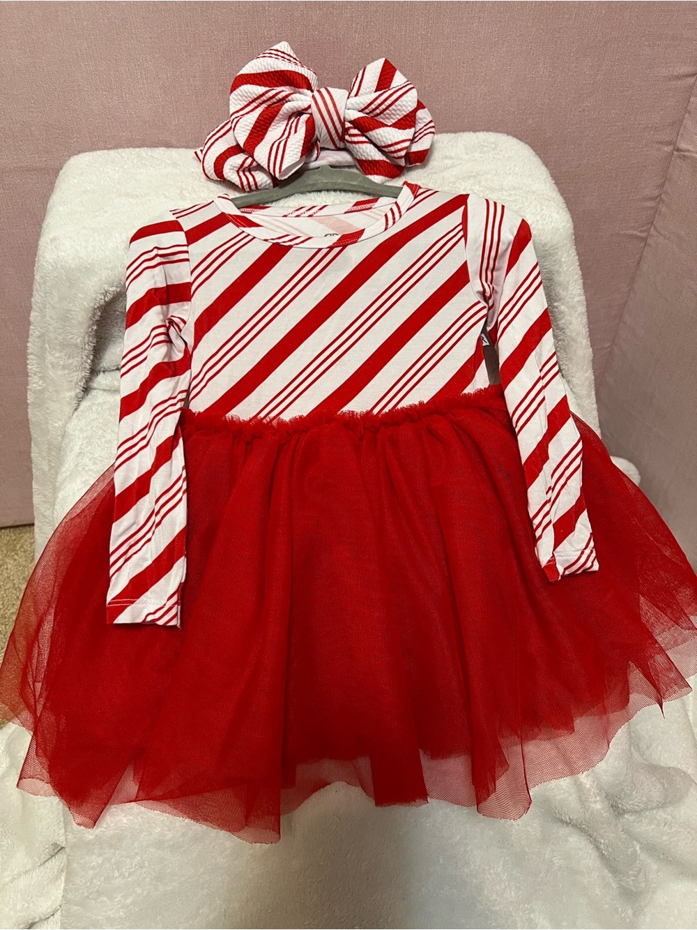 Bums & Roses Candy Cane Tulle Tutu Dress + Matching Bow | 12–18M | Retired